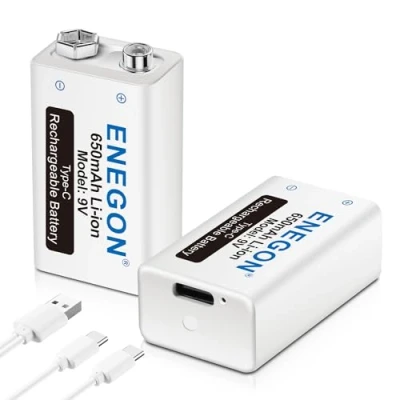 Afbeelding van ENEGON 9V Block 650mAh Li ion 6F22 oplaadbare batterij met 2 in 1 micro USB kabel oplader voor microfoon, rookmelder, elektronisch speelgoed, walkietalkie en andere apparaten (2 stuks)