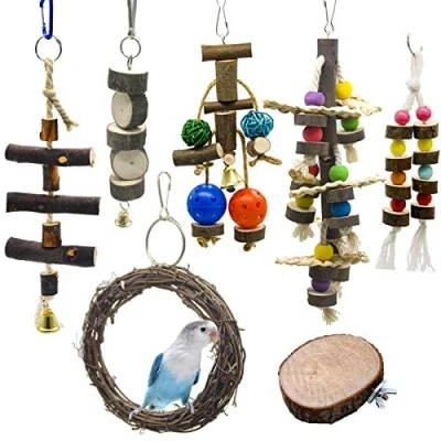 Afbeelding van Chikanb 7 stuks papegaaienschommel, speelgoed, papegaaienspeelgoed, hout, groot, vogelspeelgoed, houten zitstokken, kleurrijke parkieten, klokken, speelgoed voor vogelkooi, myna