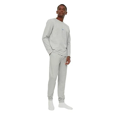 Afbeelding van Trendyol Mannen Standaard mouw Ronde hals Grijze, gebreide pyjamaset met normale pasvorm en print voor heren