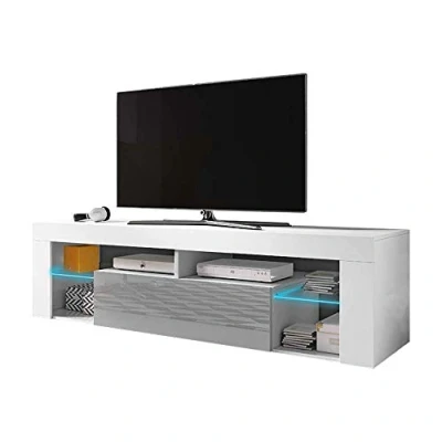 Afbeelding van Selsey Bianko Tv meubel/woonkamer meubel 140 cm wit mat/grijs glanzend met LED verlichting modern