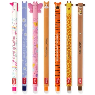 Afbeelding van LEGAMI Set van 7 uitwisbare gelpennen met thermogevoelige wisinkt, reeks inktkleuren en vatontwerpen, 0,7 mm tip, eenhoorn, nijlpaard, vlinder, corgi, tijger, giraffe, teddybeer ontwerpen