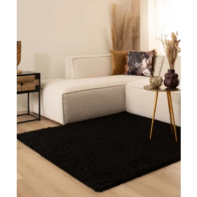 Afbeelding van Vierkant Hoogpolig Tapijt/Vloerkleed Shaggy Trend Effen Zwart 160x160 Cm