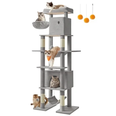 Afbeelding van Feandrea krabpaal groot, XXL, kattenkrabpaal met meerdere verdiepingen, 201 cm hoog, een platform, ligbak, 2 kattenholen, hangmatten, anti tip bescherming, lichtgrijs PCT195G01