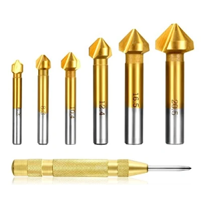 Afbeelding van Estmoon 6 delige 90 kegelverzinkset HSS verzinkset, titanium coatings Ø 6,3 20,5 mm verzinkboor met 1 pak messing automatische centerboor punch
