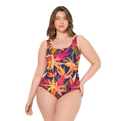 Afbeelding van Ulla Popken Tropical Leaves Badpak, Dames, Maat: 60, Dark indigo