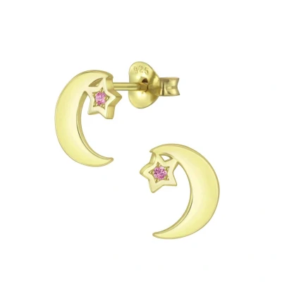 Afbeelding van JoyS Zilveren maan oorbellen ster roze kristal 14k goudplating