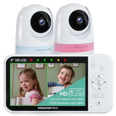 Afbeelding van Babysense Prisma 5 inch HD video babyfoon met 2 camera&#039;s en audio, 6 kleuren nachtlampje, gedeeld scherm, babygeluidsmachine witte ruis slaapliedjes, veilige no wifi verbinding.