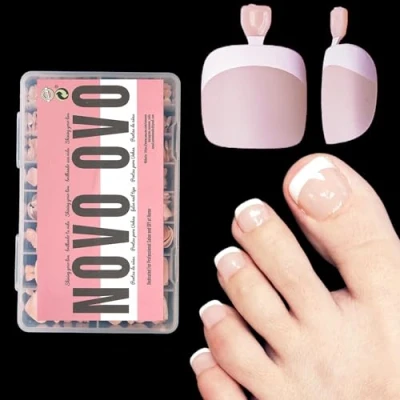 Afbeelding van NOVO OVO Nep teennageltips Press, Franse tip zachte gel teennagelverlenging, lichtroze vierkante ronde vooraf aangebrachte primer en basislaag, volledige dekking matte kunstnagels voor