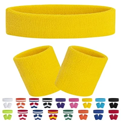 Afbeelding van FACATH Zweetband Set Geel Sport Hoofdband Polsband Zweetbandjes Terry Doek Atletische Oefening Basketbal Hoofdbanden Vochtafvoerend Zweetabsorberende Katoen Gestripte