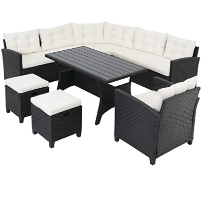 Afbeelding van Casaria Polyrattan Tuinset WPC Tafelblad 9 Personen Zwart / Crème