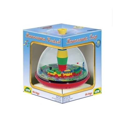Afbeelding van Lena tin toys 52301 Doorzichtige draaitol met trein Ø 19 cm, kunststof bromtol, klassieke druktol, pomptol locomotief, voet, speelgoeddraaitol voor kinderen vanaf 18 maanden
