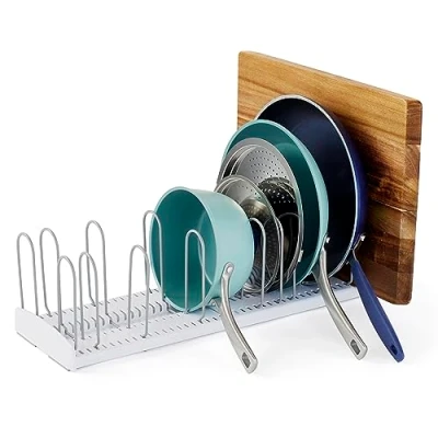 Afbeelding van YouCopia StoreMore Uitbreidbaar pan en dekselrek, verstelbare pot deksel organizer voor keuken opslag, 12,5&quot; 22&quot; breed, wit