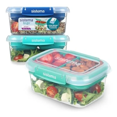 Afbeelding van Sistema To Go Stax voedselbewaardozen, 1 liter, 3 delige luchtdichte containerset met vakken, lekvrije afdichting, eenvoudige vergrendelingsclips, BPA vrij