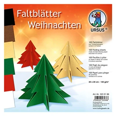 Afbeelding van Ursus 3235199 Vouwbladen Kerstmis, van gekleurd papier 130 g/m², 100 vellen in 6 kleuren, ca. 20 x cm, doorgekleurd, hoge kleurglans en lichtbestendigheid, ideaal voor mooie vouwfiguren