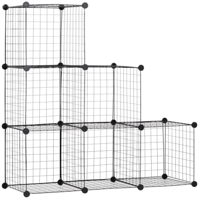 Afbeelding van HOMCOM Steckregal, Regalsystem mit 6 Fächern, DIY Würfelregal aus Drahtgitter, Stufenregal für Wohnzimmer, Schlafzimmer, Schwarz, 109 x 37 cm
