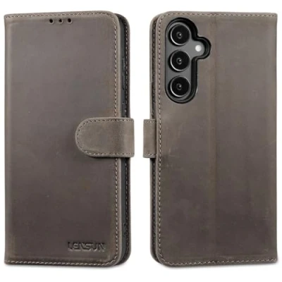 Afbeelding van Lensun hoes voor Samsung Galaxy A55 5G, echt lederen beschermhoes, standaard, boek met portefeuille, kaarthouder, flip telefoon A55, grijs/bruin