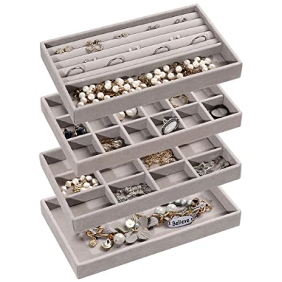 Afbeelding van Frebeauty Sieraden Organizer Tray, Stapelbare Fluwelen Trays, Lade Inserts Earring voor Vrouwen Meisjes Opslag Display Case Ringen Stud Kettingen, Set van 4 (Grijs)