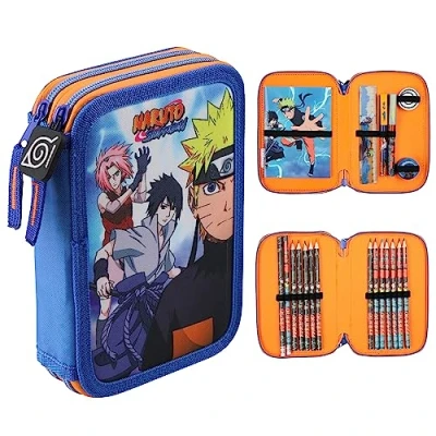 Afbeelding van Naruto Etui met briefpapier inbegrepen, schoolbenodigdheden, gevuld, groot etui, 2 compartimenten, kleurpotloden mini notitieboek jongens set, anime geschenken voor