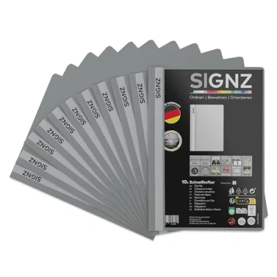Afbeelding van SIGNZ Snelhechter DIN A4, stabiel, 11 stuks, transparant deksel, CO2 neutraal gemaakt, van recyclebare kunststof (PP), made in Germany (grijs)