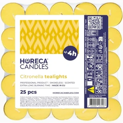 Afbeelding van Horeca Candles Citronella theelichtjes set met 25 geurkaarsen brandduur 4 uur voor buiten, balkon, picknick, camping