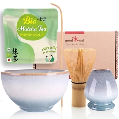 Afbeelding van Goodwei Matcha Set met BIO uit Japan artistieke kom, keramische bezemhouder, handgemaakte bamboe klopper en lepel Cadeauset Theeceremonie (Moya)