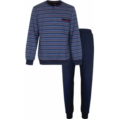 Afbeelding van Paul Hopkins Heren Pyjama Gestreept Polo sluiting Blauw. Maat XL