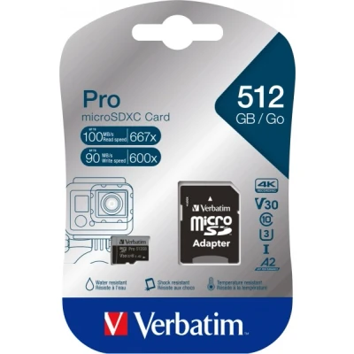 Afbeelding van Verbatim Pro microSDXC kaart 512 GB UHS Class 3 4K video ondersteuning, A2 vermogensstandaard, Incl. SD adapter, Schokb