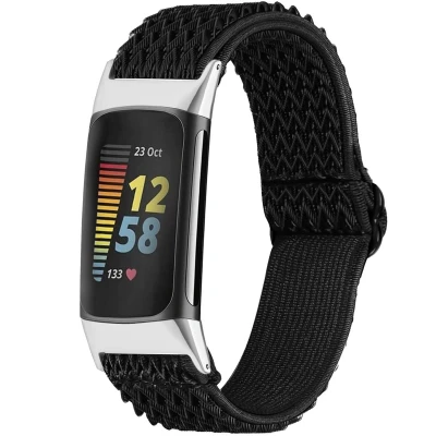 Afbeelding van Elastisch nylon bandje voor de Fitbit Charge 5 / 6 Zwart iMoshion Textiel