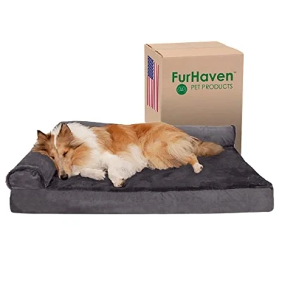Afbeelding van Furhaven Cooling Gel hondenbed voor grote honden met afneembare kussens en wasbare hoes, tot 43 kg pluche fluweel L vormige chaise platinagrijs, jumbo/XL