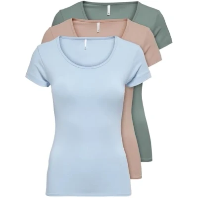 Afbeelding van ONLY 15209153 Dames T shirt met korte mouwen, lange basic zomer shirts, maten XS / S M L XL, zwart of wit, set van 3 stuks, Kleur Mix 3,