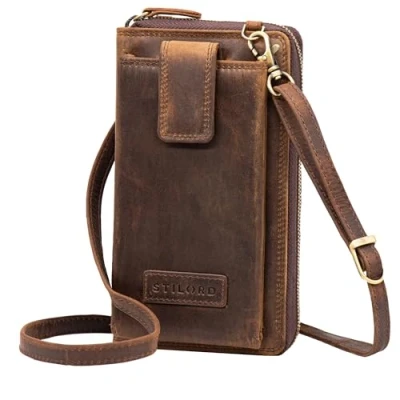 Afbeelding van STILORD &#039;Nelly&#039; Crossbody telefoontas lederen schoudertas kleine case voor Smartphone en portemonnee Cross Over tas XS Echt Vintage Leer, Kleur:soria bruin
