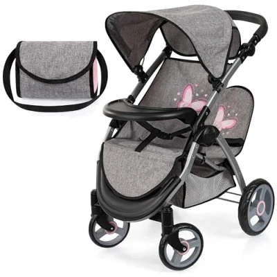 Afbeelding van Tweeling poppenwagen Twin Xeo, dubbele poppenwagen, verstelbare duwstang, tas in jeans grijs, roze