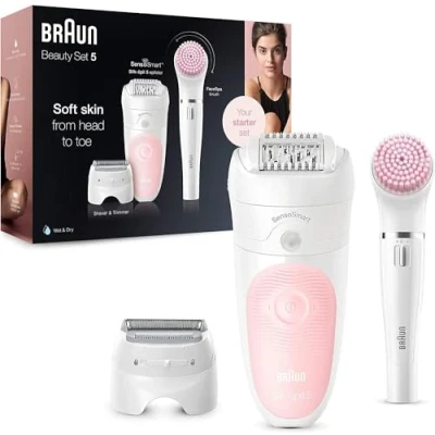 Afbeelding van Braun Silk épil 5 Epilator Beauty Set, Epileerapparaat, Scrubborstel, Gezichtsborstel en Gezichtsreiniger in 1, Ontharing Voor Vrouwen, Dames Epilady, 895, Wit/Roze