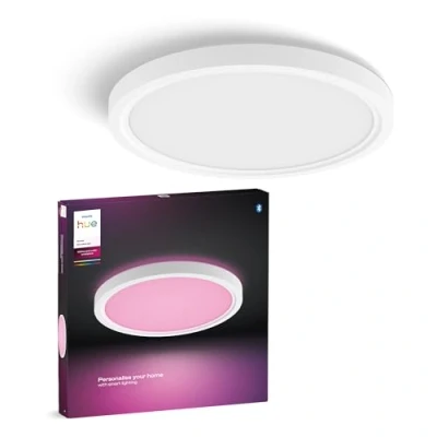 Afbeelding van Philips Hue Devote Slim LED lichtpaneel, Wit en Gekleurd Licht, Diameter 30cm, 16.6W, 2000 Lumen, Witte omlijsting, Binnenverlichting, Plafondlamp, Woonkamer, Keuken, Gang