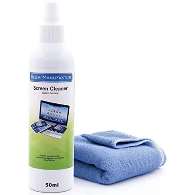Afbeelding van Blum Manufaktur 50ml schermreiniger + microvezeldoekje 30x30 cm. Perfecte reiniging van alle schermen en displays. Striploos zonder strepen.