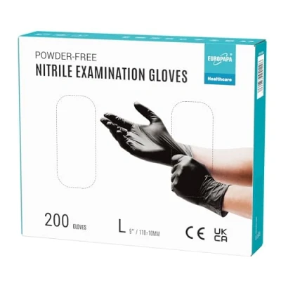 Afbeelding van EUROPAPA® wegwerphandschoenen, nitrilhandschoenen, poedervrij, onderzoekshandschoenen, EN455 EN374, latexvrij, verkrijgbaar in maat S, M, L en XL, 200 stuks (L, Zwart)