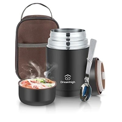 Afbeelding van Dreamhigh® Thermocontainer voor eten, 800 ml, roestvrij staal, warmhoudcontainer, voedselcontainer thermoskan, lekvrij, inclusief lepels, 12 uur warm, koud