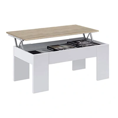 Afbeelding van Verhoogde salontafel, woon of eettafel, LC model, afgewerkt in Artik White en Canadian Oak, Afmetingen: 100 cm (breedte) x 50 (diepte) 45 56 (hoogte)