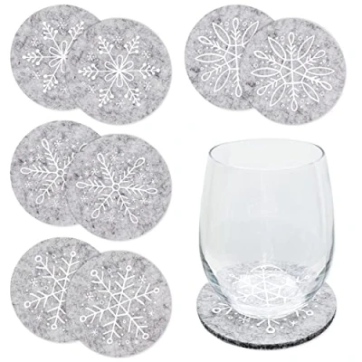 Afbeelding van Papierdrachen Kerstdecoratie, vilten onderzetters, motief ijskristal rond, in de kleur grijs met hoogwaardige bedrukking, feestelijke tafeldecoratie, set 1