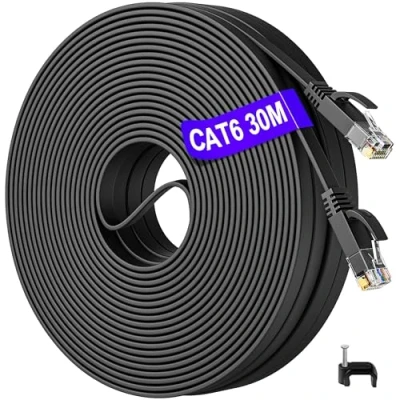 Afbeelding van 30m Cat 6 Ethernet Netwerkkabel Plat Hoge Snelheid Internet kabel 30 meter Gigabit RJ45 Cable LAN Patchkabel Zwart compatibel met Cat5/5e voor routerschakelaar Modem PS4/5 Xbox
