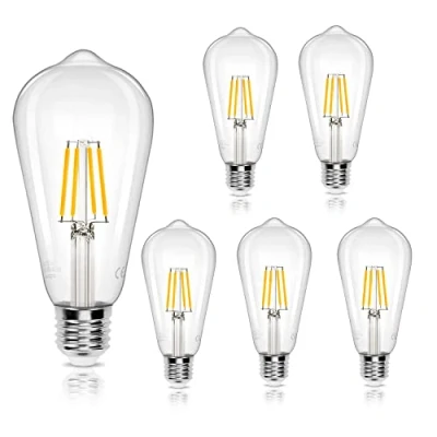 Afbeelding van Aigostar E27 LED Filament Lamp 6W (vervangt 55W), Warm Wit 2700K, 730lm, Vintage Bulb ST64, niet Dimmable, 6st.