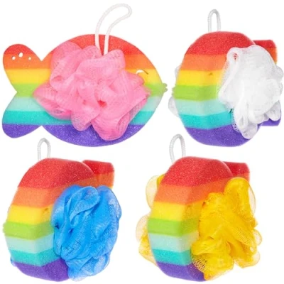 Afbeelding van BRUBAKER Set van 4 badspons, douchespons, regenboogvis, 25 g, badplezier voor het hele gezin, wasspons incl. geschenkdoos