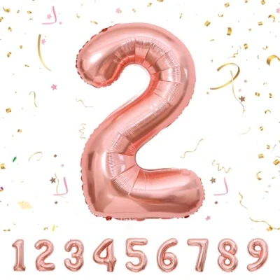 Afbeelding van Ballonnen voor verjaardag, 2 jaar, roségoud, 101 cm, ballon met cijfer 2, verjaardagsdecoratie, vliegen, helium