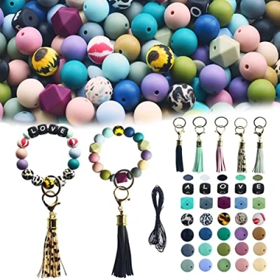 Afbeelding van siliconen kralen Bulk voor Sleutelhanger maken, 206 Stuks 15 mm Kleurrijke Ronde letterkralen lanyard Craft Set, om te rijgen sieraden maken DIY