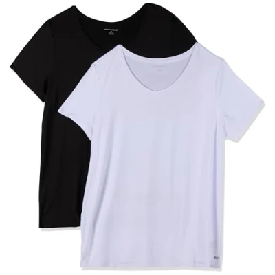 Afbeelding van Amazon Essentials Dames Tech Stretch T shirt met korte mouwen en V hals (verkrijgbaar in grote maten), 2 Pack, Zwart/Wit, XS