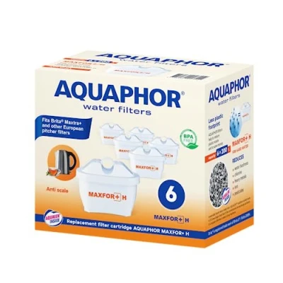 Afbeelding van AQUAPHOR MAXPHOR+ H filterpatroon voor extra hard water, reservefilter, waterfilter, verpakking van 6 stuks, met bescherming tegen kalk, tafelwaterfilters