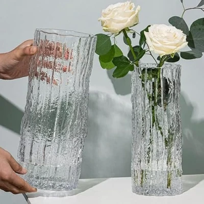 Afbeelding van QEEYON glazen vaas, moderne cilinder, grote decoratieve vazen, handgemaakte doorzichtige vaas met massieve ijsbodem, bloemenvaas voor thuis, kantoor, bruiloft, decoratie,
