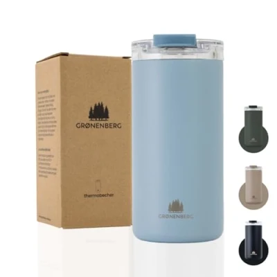 Afbeelding van Groenenberg Thermobeker 470 ml Koffiebeker to go 100% lekvrij houdt minstens 4 uur warm Coffee beker van gerecycled roestvrij staal (sky)