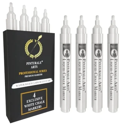 Afbeelding van Pinturale Arts® Krijtmarker van glas, uitwisbaar, set met 4 witte vloeibare krijtstiften, 3 mm punt, voor ramen, bord, gemakkelijk droog afwisbaar