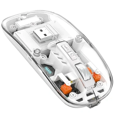 Afbeelding van MAGIC REFINER Draadloze Muis, 2.4 GHz of Bluetooth 5.0 Wireless Mouse, Stille Klikken, Oplaadbare, 2400DPI USB C Transparante Gaming Batterijniveau Zichtbaar, Laptop/Win/Mac/Chrome, Wit